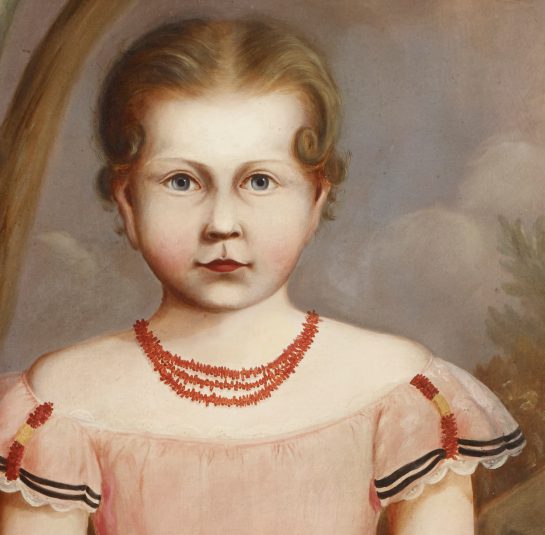 Full Length Portrait of a Young Girl Wearing a Pink Dress, Red Coral Necklace an